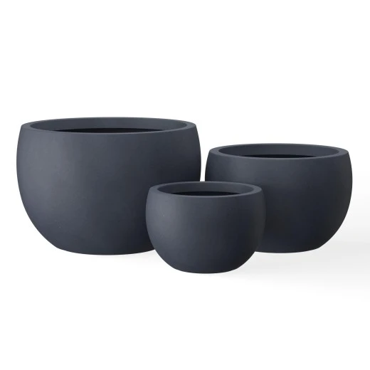 Three RC-1002 charcoal GFRC bowl planters shown as a selected size grouping